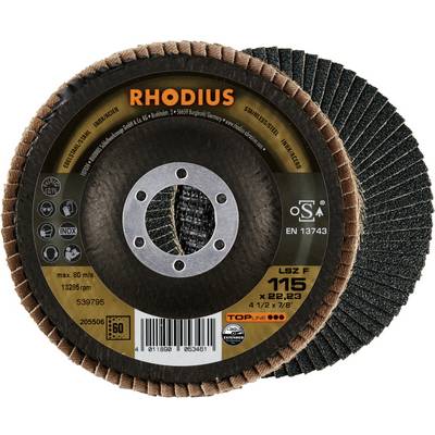 Tarcza lamelkowa RHODIUS o wymiarach 115 x 22,23 mm, odpowiednia do stali i stali nierdzewnej, zalecana do prędkości do 80 m/s, typ LSZ F.