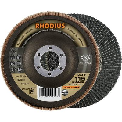 Tarcza ścierna 'RHODIUS', odpowiednia do stali nierdzewnej, maks. 80 m/s, 13286 obr./min, średnica 115 mm, otwór 22,23 mm, zgodna z normą EN 13743.