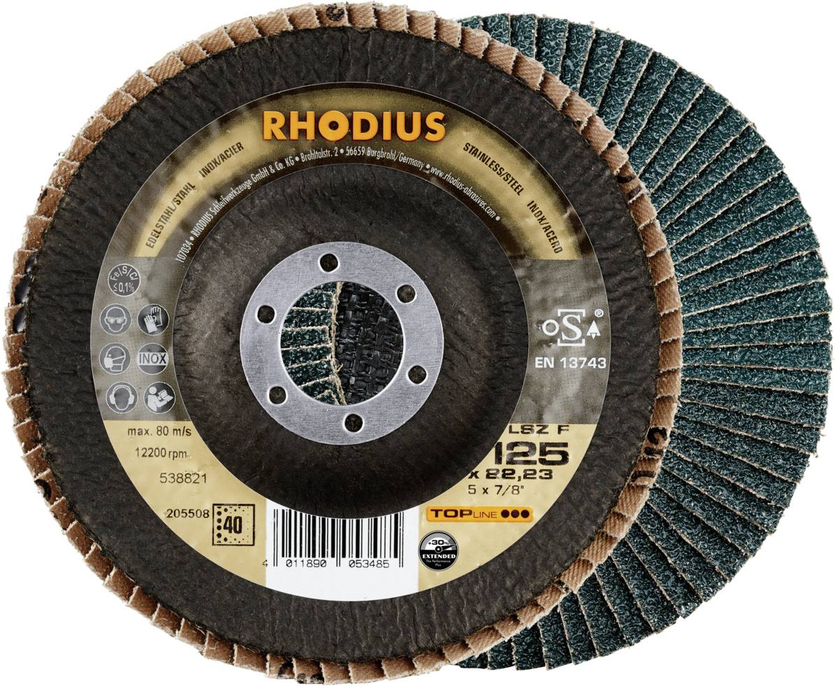 Tarcza ścierna Rhodius, numer modelu 538821, przystosowana do prędkości 80 m/s i 12200 obr./min, średnica 125 mm, zgodna z normą EN 13743.