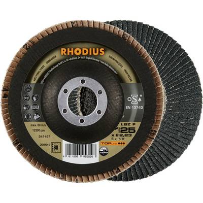 Tarcze ścierne 'RHODIUS', dwie sztuki ułożone jedna na drugiej. Nadruk: maks. 80 m/s, 12200 obr./min. Odpowiednie do obróbki metalu.