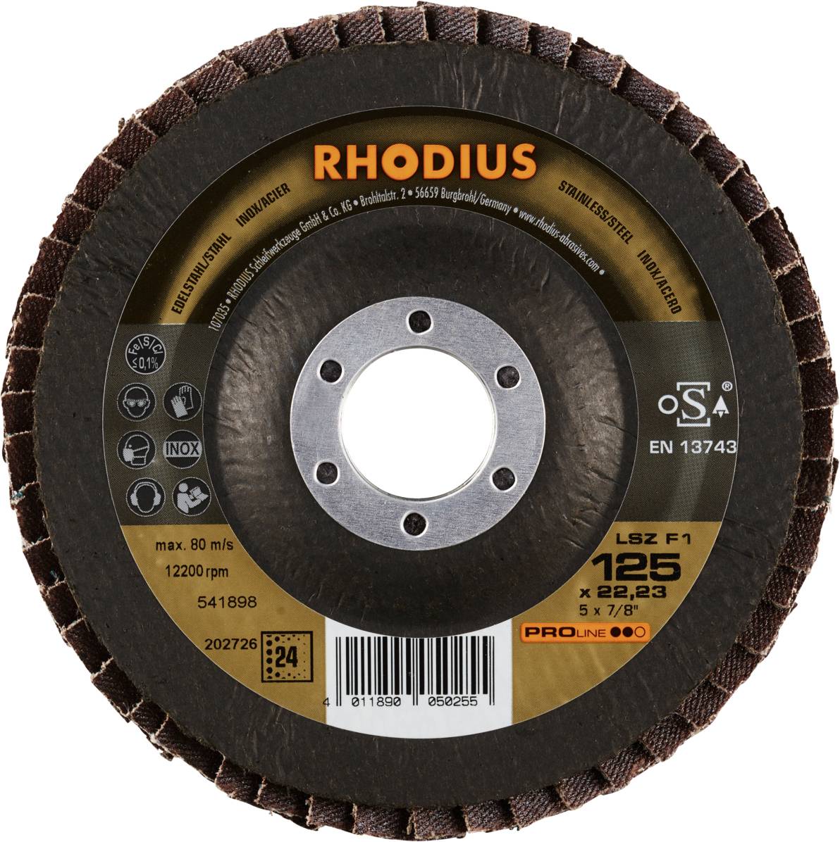Tarcza szlifierska Rhodius, model LSZ F1, średnica 125 mm, maksymalna prędkość 80 m/s, odpowiednia do stali/stali nierdzewnej.