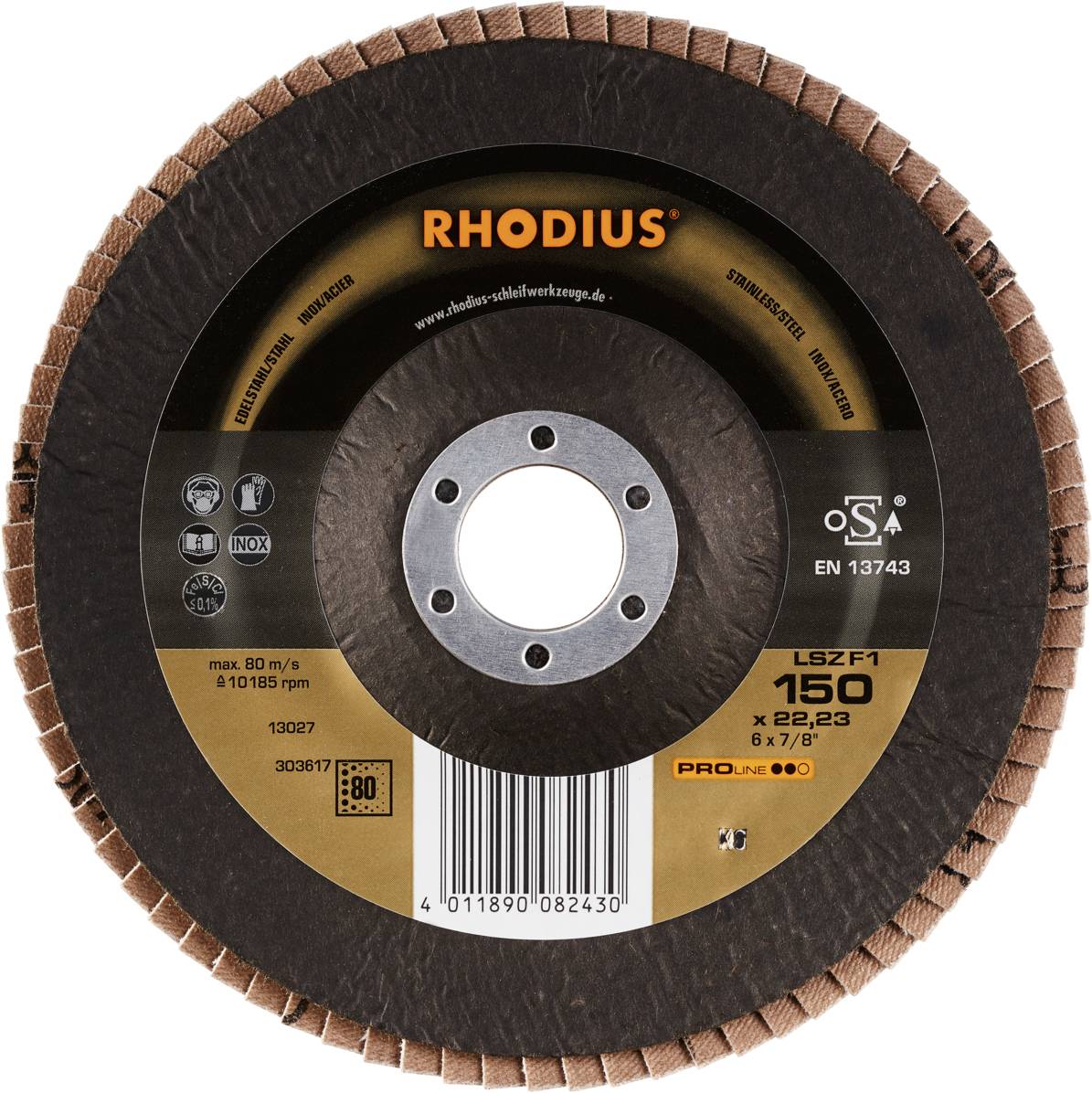 Tarcza szlifierska Rhodius, model LSZ F1, średnica 150 mm, otwór 22,23 mm, oznaczona informacjami dotyczącymi bezpieczeństwa i produktu.