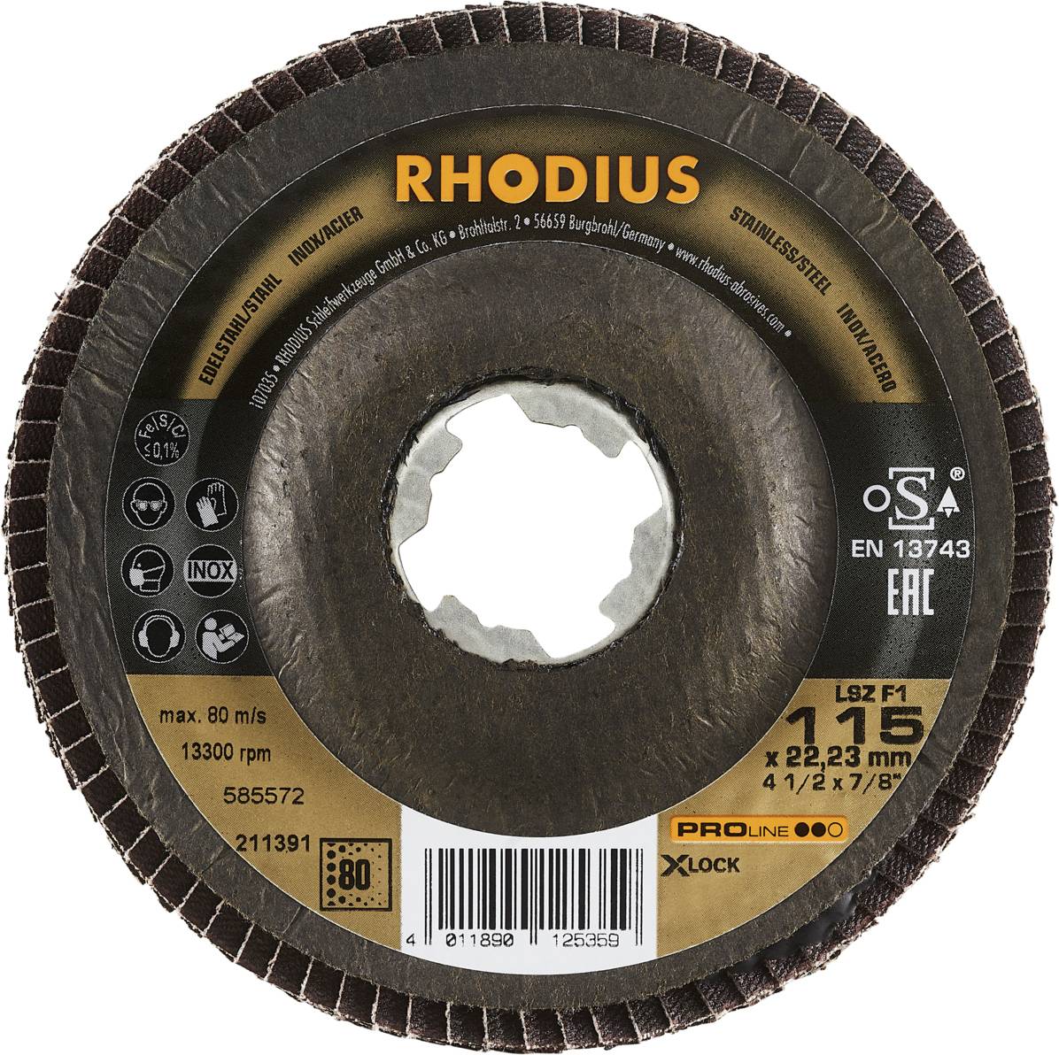 Tarcza ścierna 'RHODIUS' do stali nierdzewnej, maks. 80 m/s, 13300 obr./min, 115 x 22,23 mm, z systemem X-LOCK i różnymi certyfikatami.
