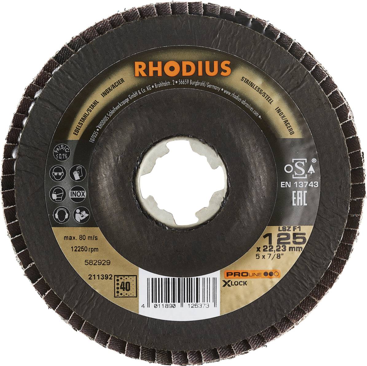 Widok z góry na tarczę szlifierską z napisem RHODIUS, Proline XLock. Maksymalnie 80 m/s, 12250 obr./min. Numer modelu 582929.