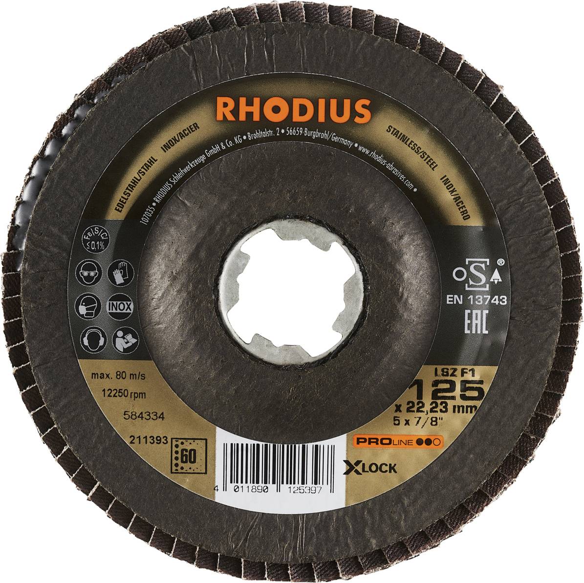 Tarcza szlifierska Rhodius w kształcie wachlarza, 125 mm, otwór 22,23 mm, do stali nierdzewnej. Maksymalna prędkość obrotowa 12.250 obr/min.