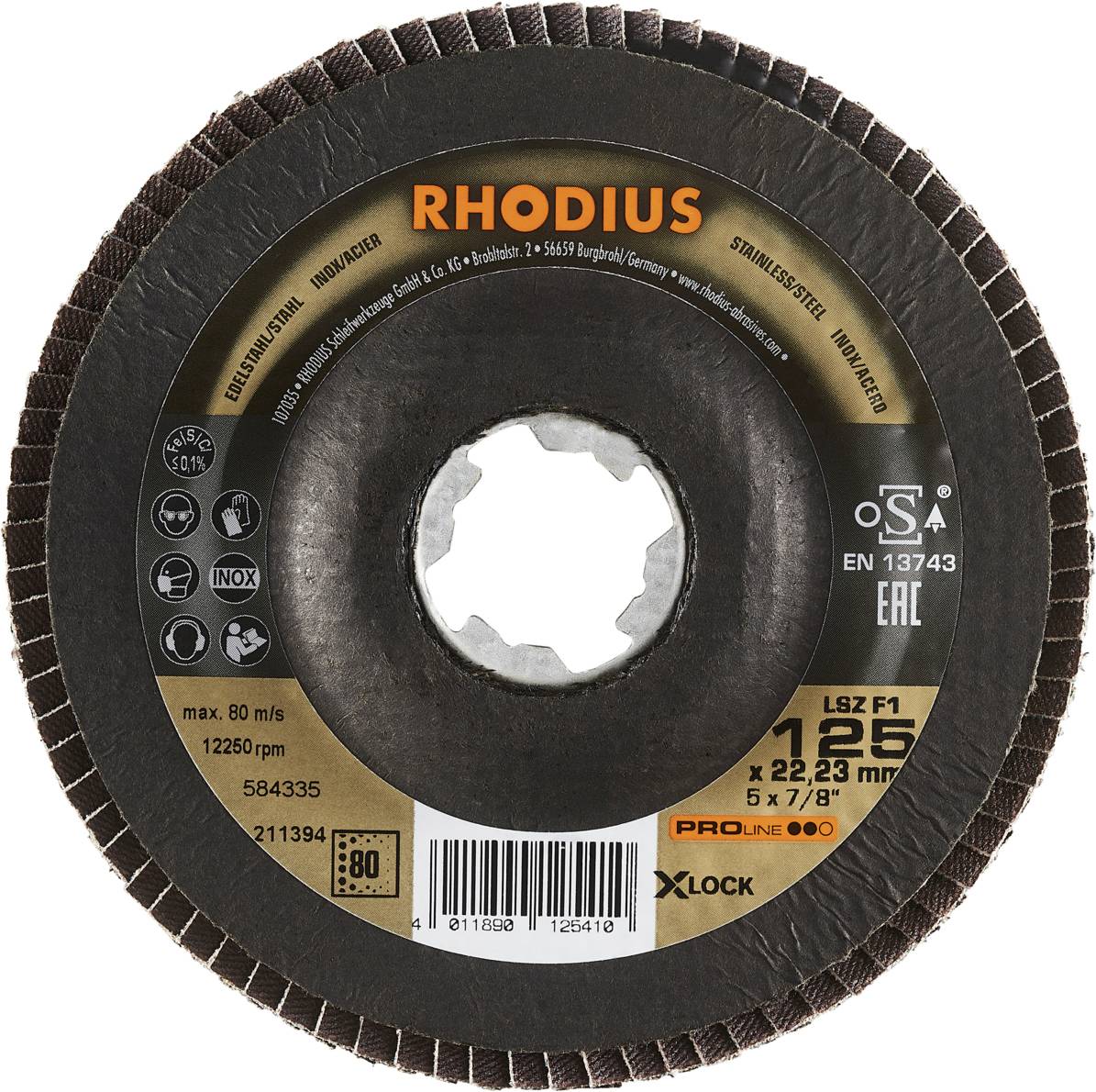 Tarcza ścierna Rhodius LSZ F1 z systemem X-LOCK, odpowiednia do stali nierdzewnej. Parametry prędkości i średnicy: maks. 80 m/s, 125 x 22,23 mm.