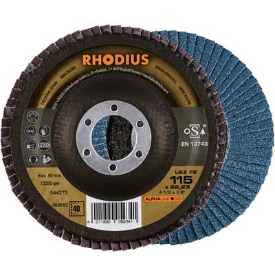 Niebiesko-brązowa tarcza szlifierska z oznaczeniem 'RHODIUS', średnica 115 mm, maksymalna prędkość obrotowa 12.300/min. Odpowiednia do stali i stali nierdzewnej.