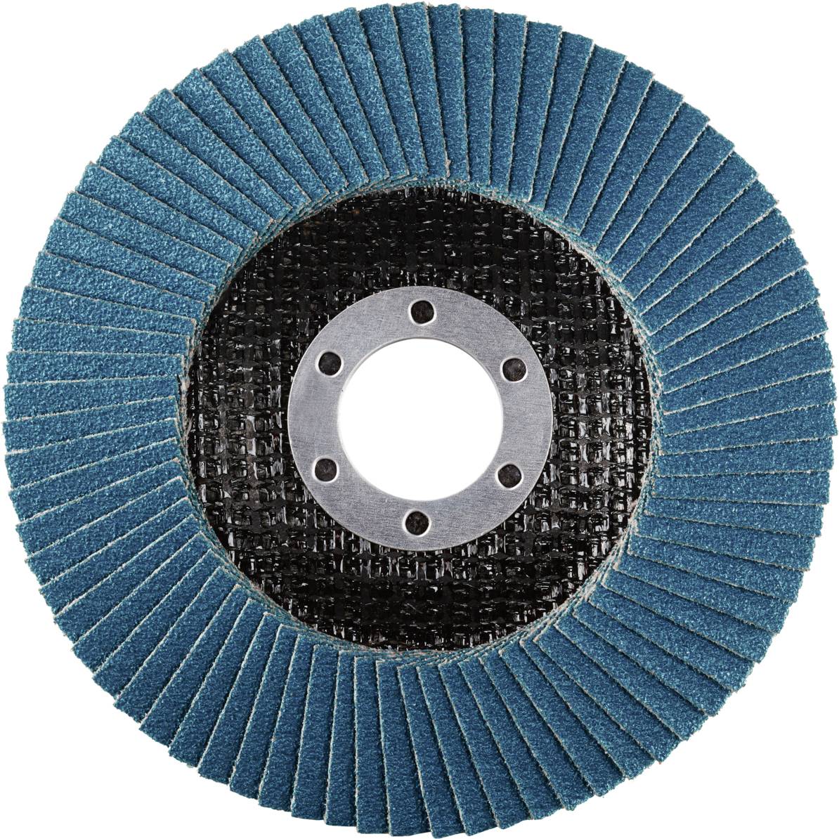 Tarcza szlifierska z niebieskimi lamelkami i centralnym otworem mocującym na czarnym podłożu, stosowana do obróbki powierzchni.
