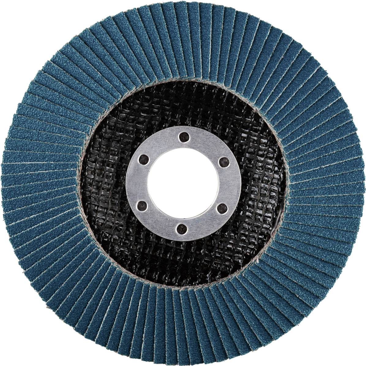 Okrągła tarcza szlifierska z niebieskimi lamelami i centralnym rdzeniem metalowym. Odpowiednia do obróbki powierzchni.