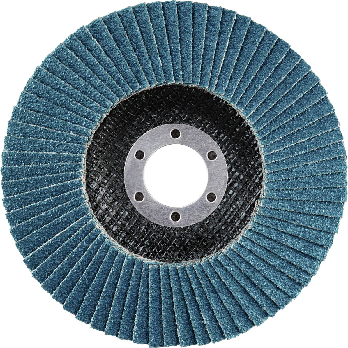 Tarcza szlifierska z niebieskimi lamelkami i metalowym otworem pośrodku, używana do szlifowania i wygładzania powierzchni.