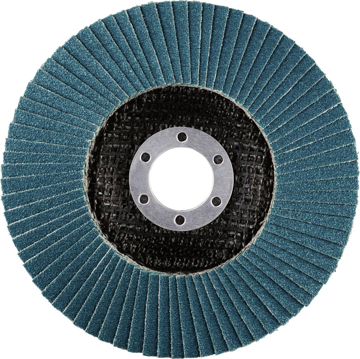Tarcza szlifierska z promieniowo rozmieszczonymi lamelkami szlifierskimi, typowa dla obróbki metalu, na białym tle.