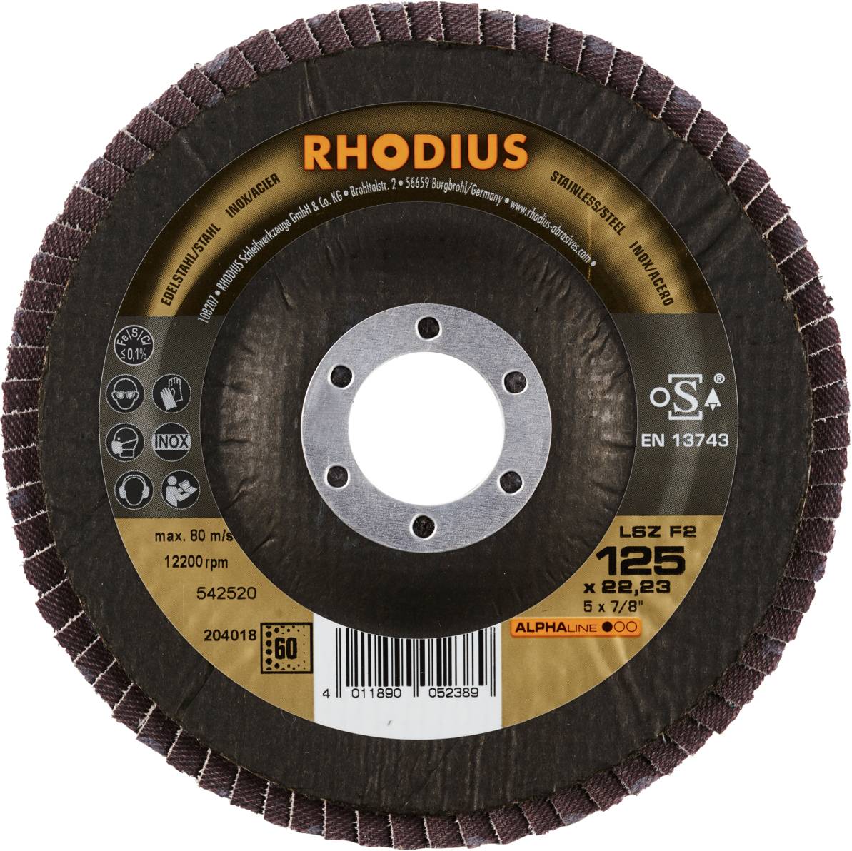 Tarcza szlifierska z napisem 'RHODIUS', specyfikacje techniczne: maks. 80 m/s, 12200 obr./min, odpowiednia do stali nierdzewnej, Ø 125 mm.