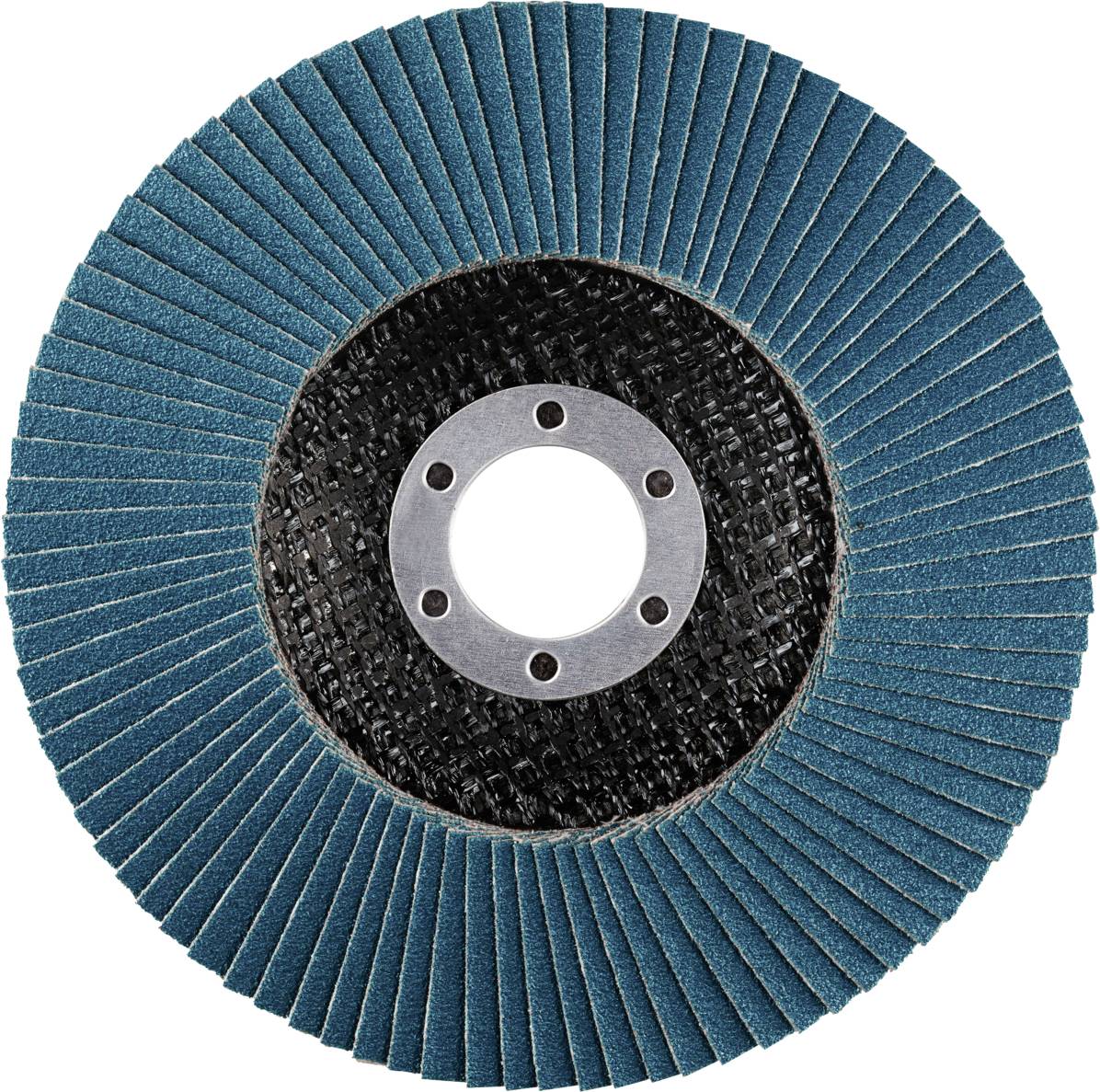 Tarcza szlifierska z niebieskimi lamelkami i centralnym mocowaniem metalowym, odpowiednia do szlifowania różnych materiałów.