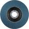 Tarcza szlifierska z niebieskimi lamelkami i centralnym mocowaniem metalowym, odpowiednia do szlifowania różnych materiałów.