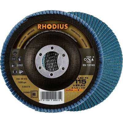 Tarcza szlifierska marki Rhodius, model LSZ F3. Odpowiednia do stali nierdzewnej, dostępna w rozmiarze 115 mm, maksymalna prędkość obrotowa 80 m/s.