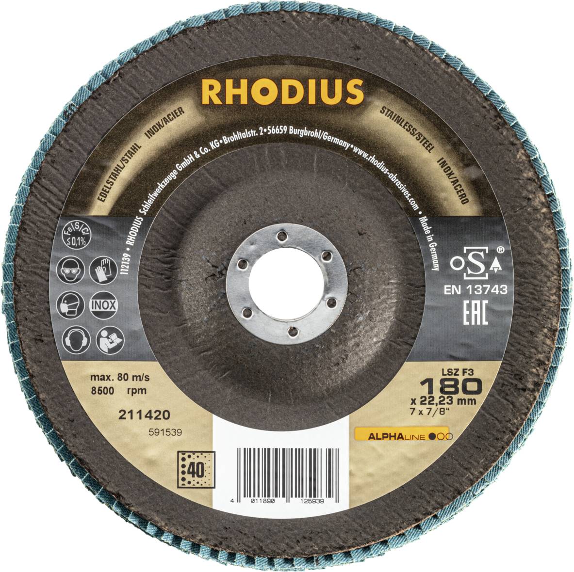 Tarcza szlifierska Rhodius z oznaczeniami rozmiaru (Ø180 x 22,23 mm) i kompatybilności, odpowiednia do obróbki stali nierdzewnej.