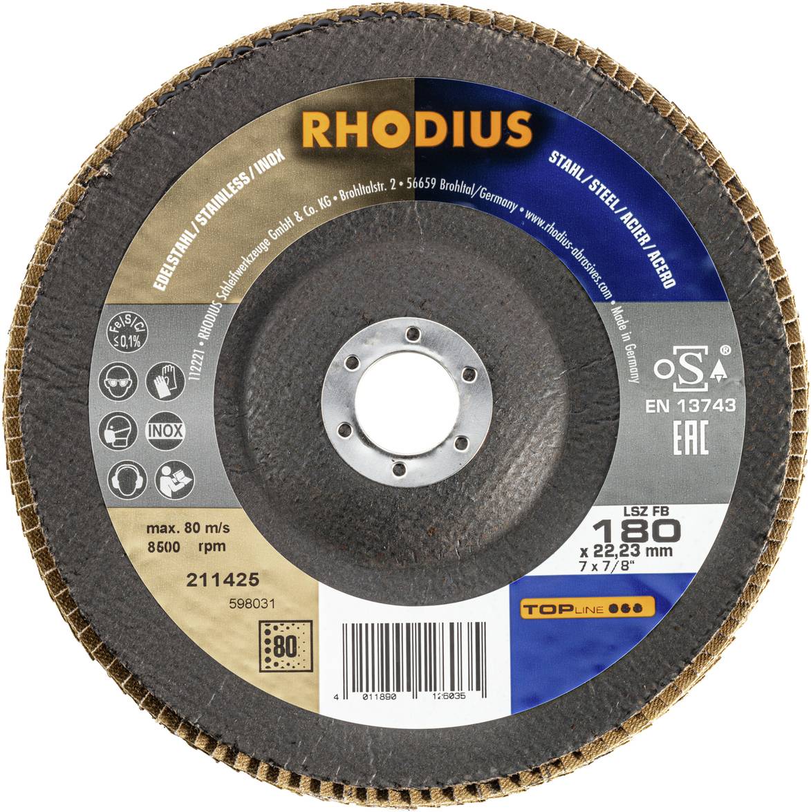 Tarcza szlifierska Rhodius do stali, stali nierdzewnej/INOX, maks. 80 m/s, 8600 obr./min, wymiary: 180 x 22,23 mm, seria TOPline, norma: EN 13743.