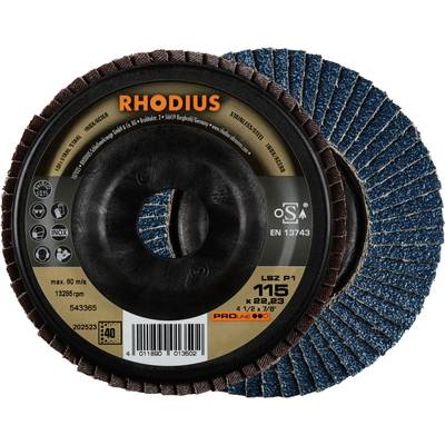 Tarcze ścierne 'RHODIUS', maks. 80 m/s. Średnica 115 mm, do obróbki metalu. Logo marki i informacje o produkcie widoczne.