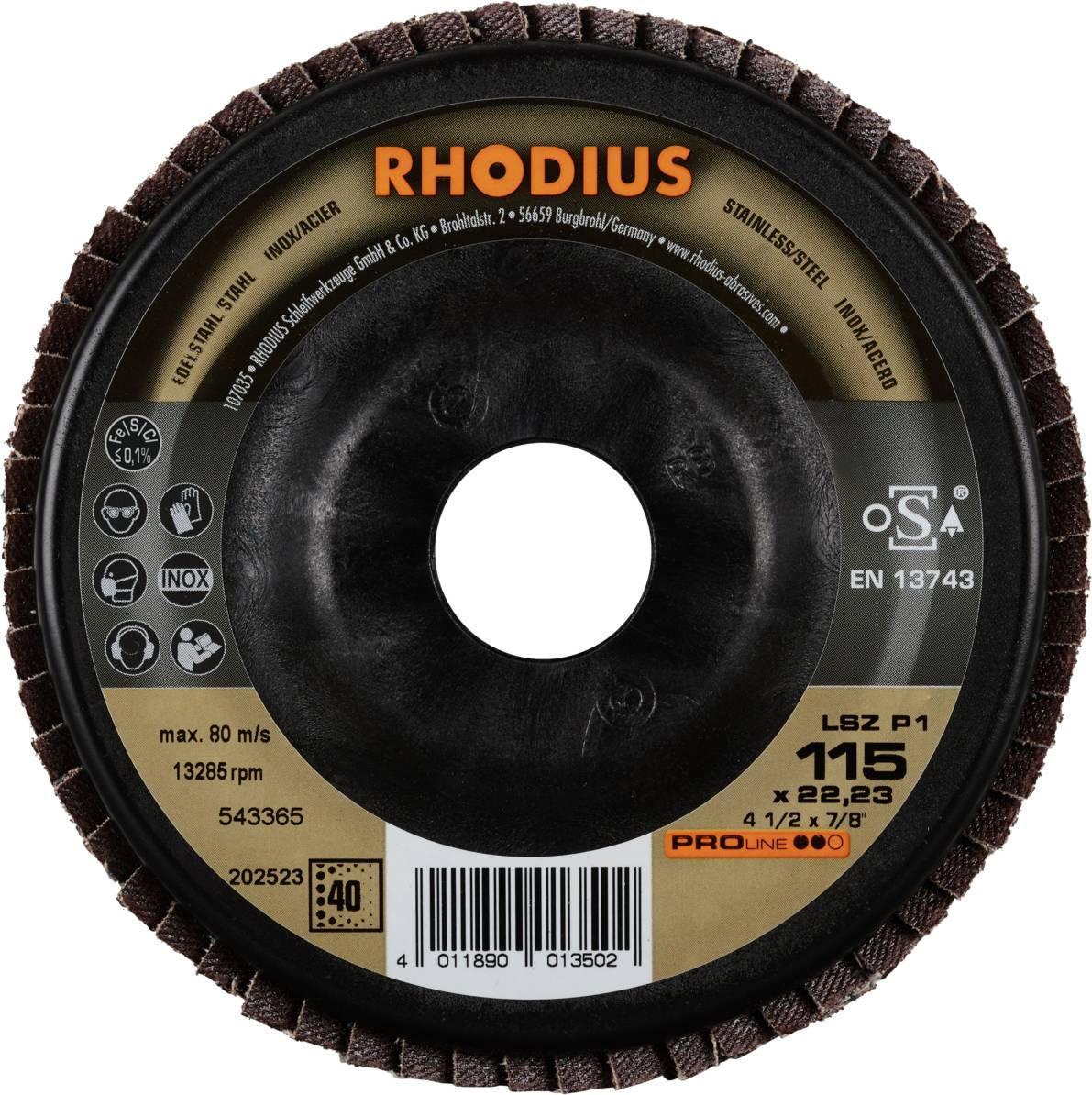 Tarcza szlifierska z napisem 'Rhodius', średnica 115 mm, maks. 80 m/s. Do stali nierdzewnej. Zawiera różne symbole i numery produktu.