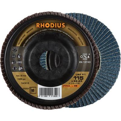 Tarcza szlifierska RHODIUS, model 115 x 22,23 mm, odpowiednia do stali nierdzewnej i stali, o maksymalnej prędkości 80 m/s.