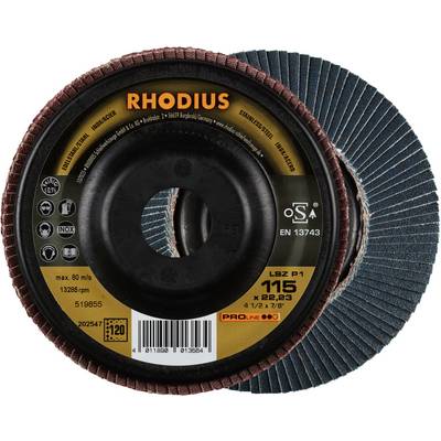 Tarcza szlifierska z napisem 'RHODIUS', średnica 115 mm, maksymalnie 13285 obr./min. Odpowiednia do obróbki metalu.