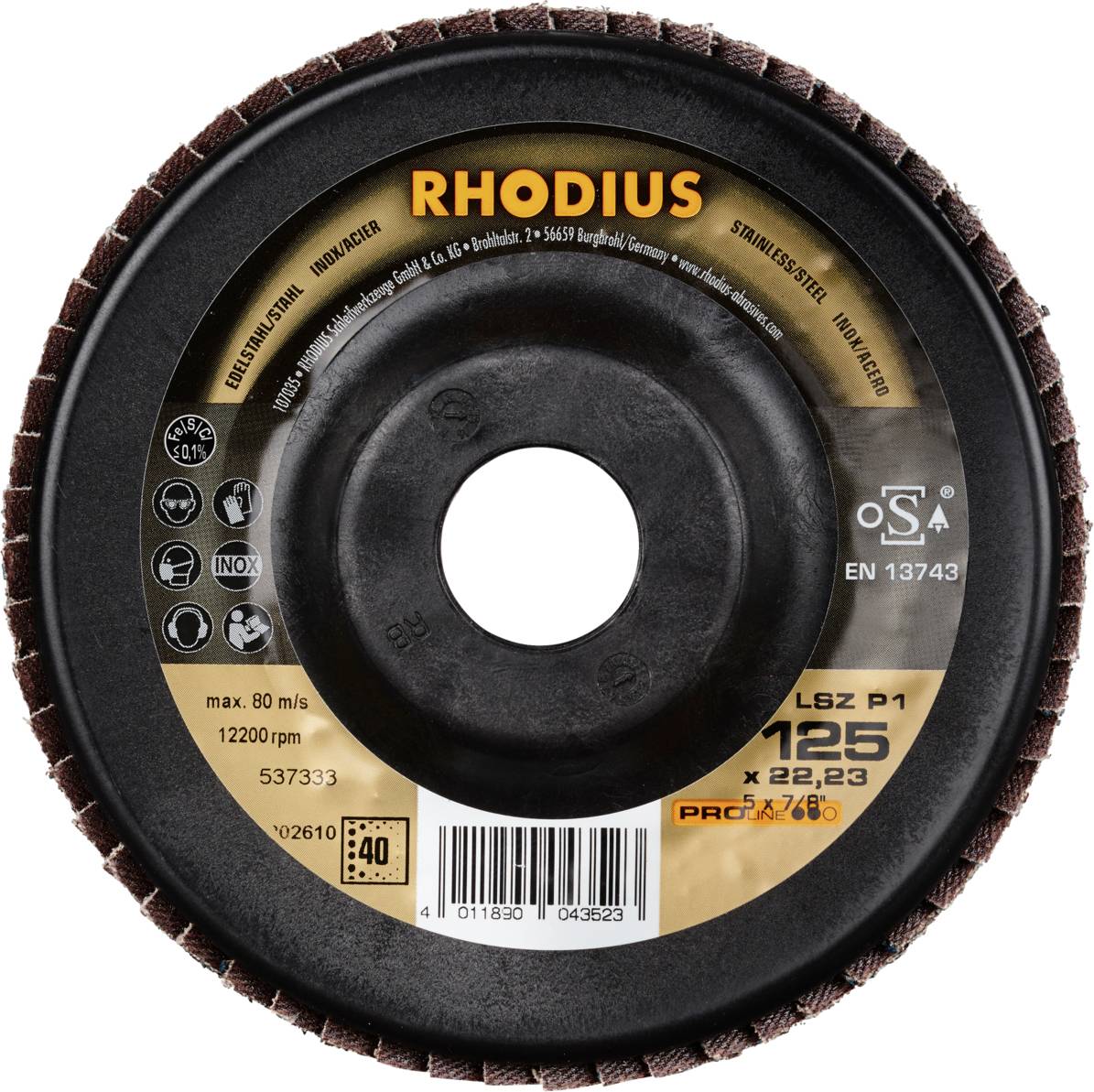 Tarcza ścierna 'RHODIUS LSZ P1', maks. 80 m/s, średnica 125 mm, rozmiar otworu 22,23 mm, do stali nierdzewnej, tarcza łopatkowa, EN 13743.