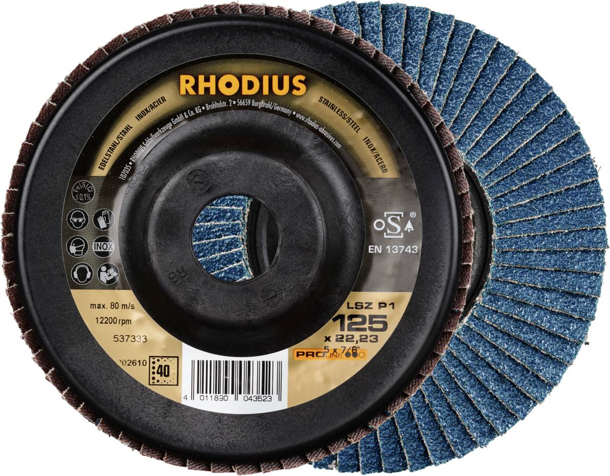 Tarcza szlifierska 'RHODIUS', Ø125mm, maksymalna prędkość obrotowa 12200 obr./min, do precyzyjnego szlifowania powierzchni metalowych.