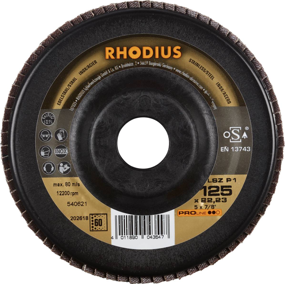 Tarcza ścierna 'RHODIUS', maks. 80 m/s, 12200 obr./min, odpowiednia do stali nierdzewnej. Numer modelu: 540621, Kod: 202618.