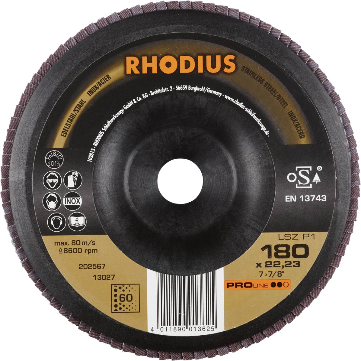 Tarcza szlifierska z oznaczeniem 'RHODIUS', średnica 180 mm, maks. 80 m/s, 8600 obr./min. Odpowiednia do stali nierdzewnej, metalu i inoksu.
