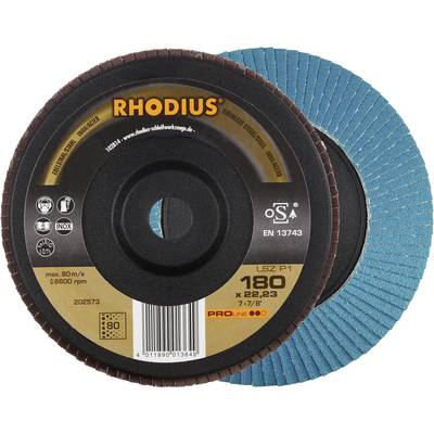 'RHODIUS' Tarcza listkowa, 180 x 22,23 mm, do obróbki metalu. Zawiera informacje takie jak maksymalna prędkość 80 m/s i 8600 obr./min.
