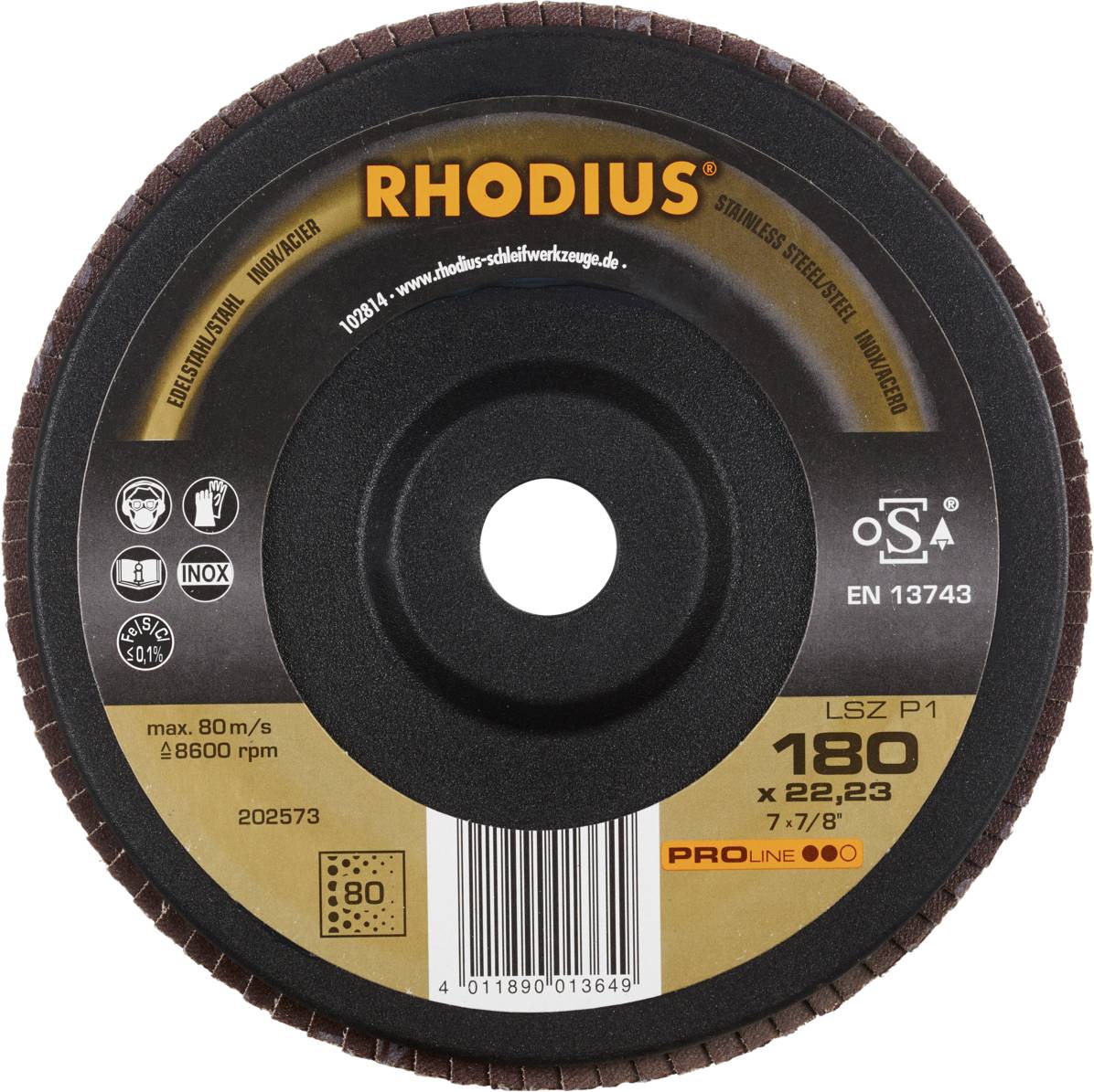 Tarcza szlifierska 'RHODIUS', model LSZ P1, średnica 180 mm, otwór 22,23 mm, do obróbki stali nierdzewnej i stali, maks. 8600 obr./min.