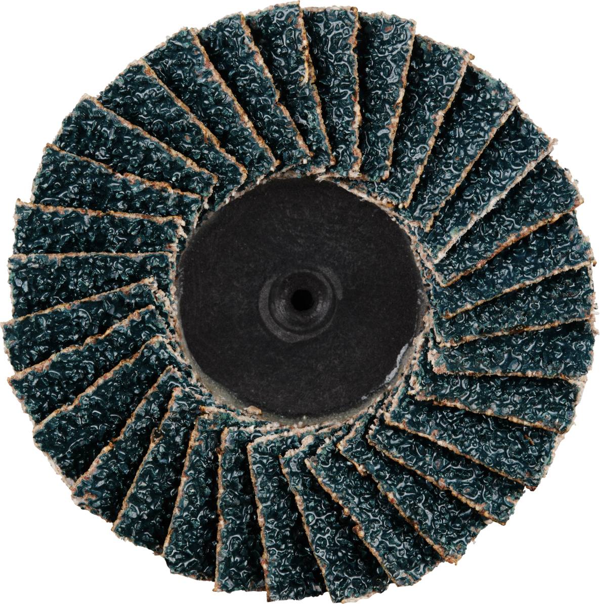 Tarcza szlifierska z osiowo rozmieszczonymi płatkami ściernymi, w ciemnozielonym kolorze, z centralnym otworem, stosowana do obróbki metalu lub drewna.