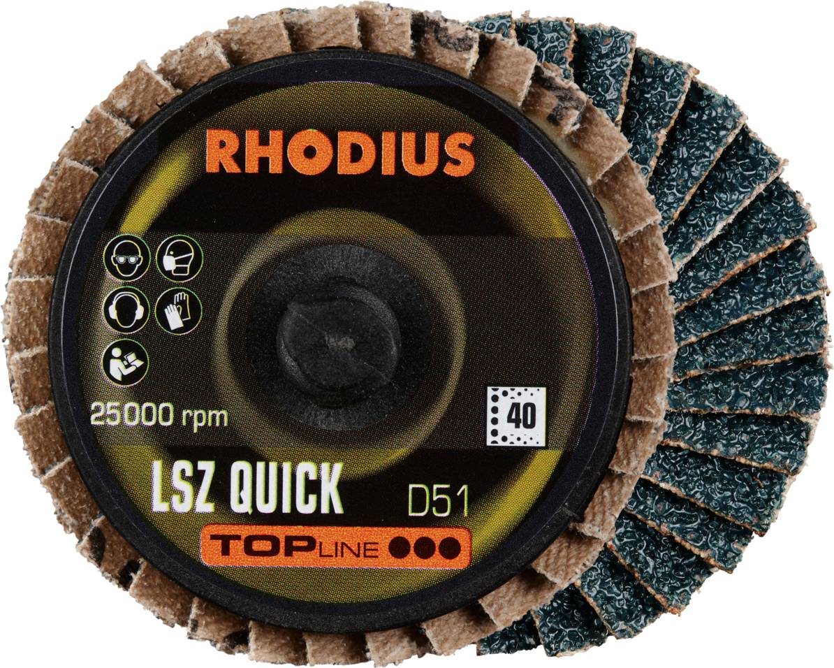Tarcza ścierna RHODIUS LSZ QUICK D51 o prędkości 25000 obr./min, ziarnistości 40, przeznaczona do obróbki metalu.