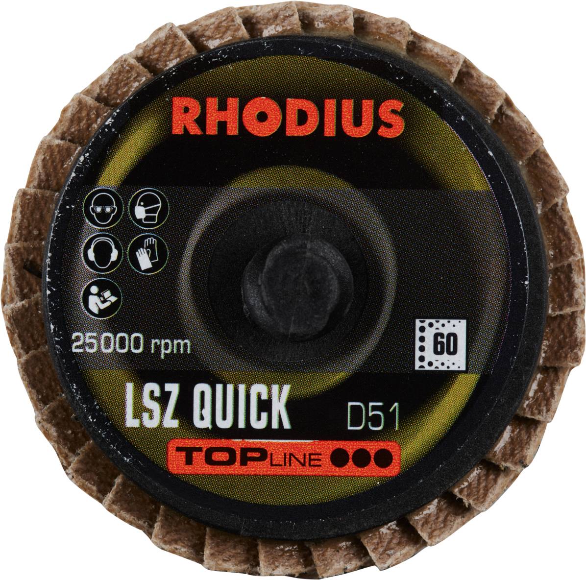 Tarcza szlifierska 'RHODIUS LSZ QUICK D51', czerwono-brązowa, 25000 obr./min, ziarnistość 60; symbole bezpieczeństwa i użytkowania na opakowaniu.