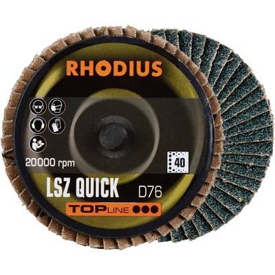 Tarcza szlifierska 'RHODIUS LSZ QUICK D76' na żółtym tle, z nazwą marki, 20000 obr./min, ziarnistość 40, seria Top Line.