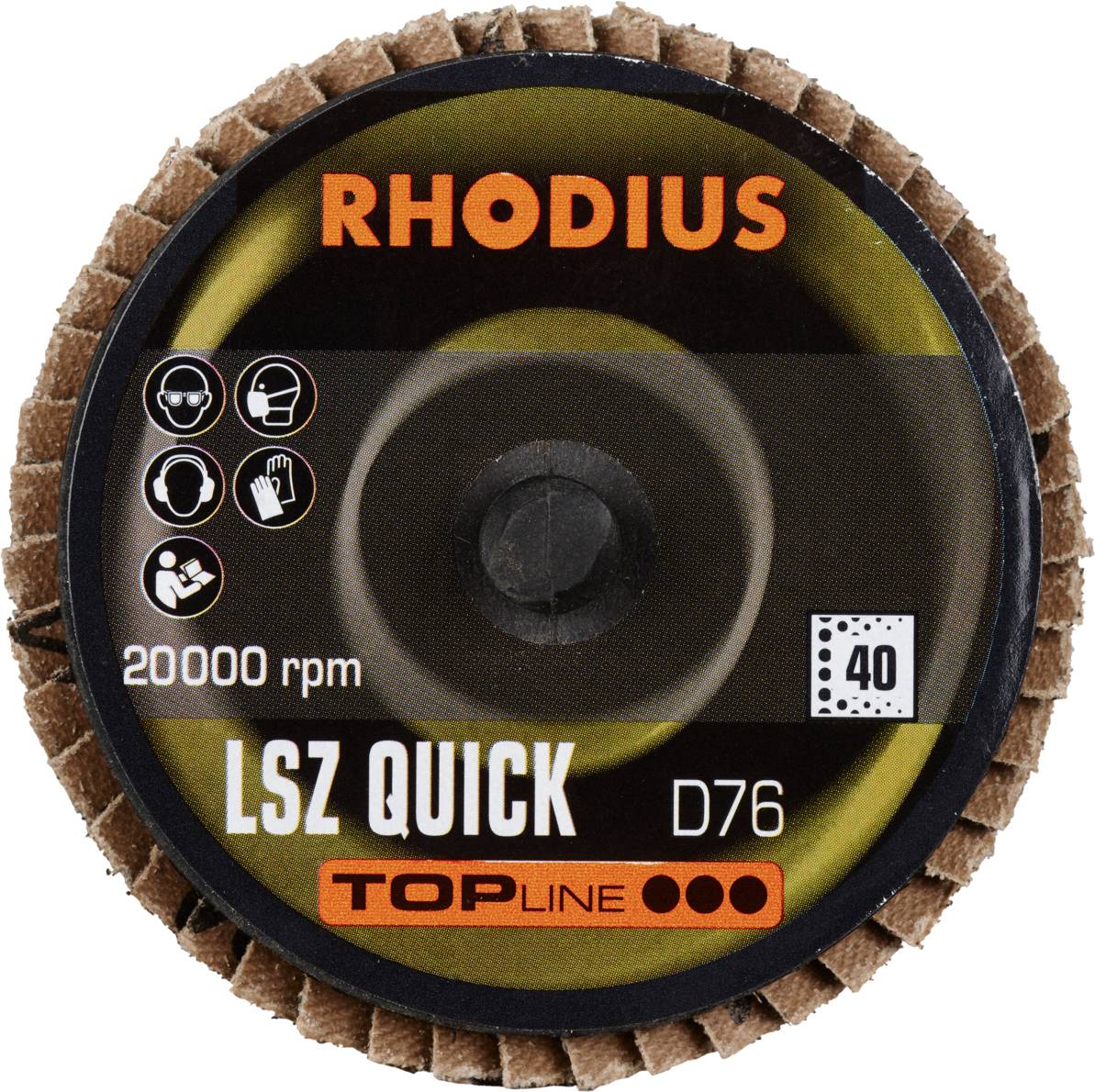 Tarcza ścierna 'RHODIUS', model 'LSZ QUICK D76', 20000 obr./min, seria 'TOPLINE', ziarnistość 40. Odpowiednia do obróbki metalu.