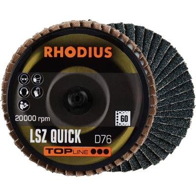 Tarcza tnąca z napisem 'RHODIUS LSZ QUICK D76'. Prędkość obrotowa: 20000 obr./min. Odpowiednia do obróbki metalu.