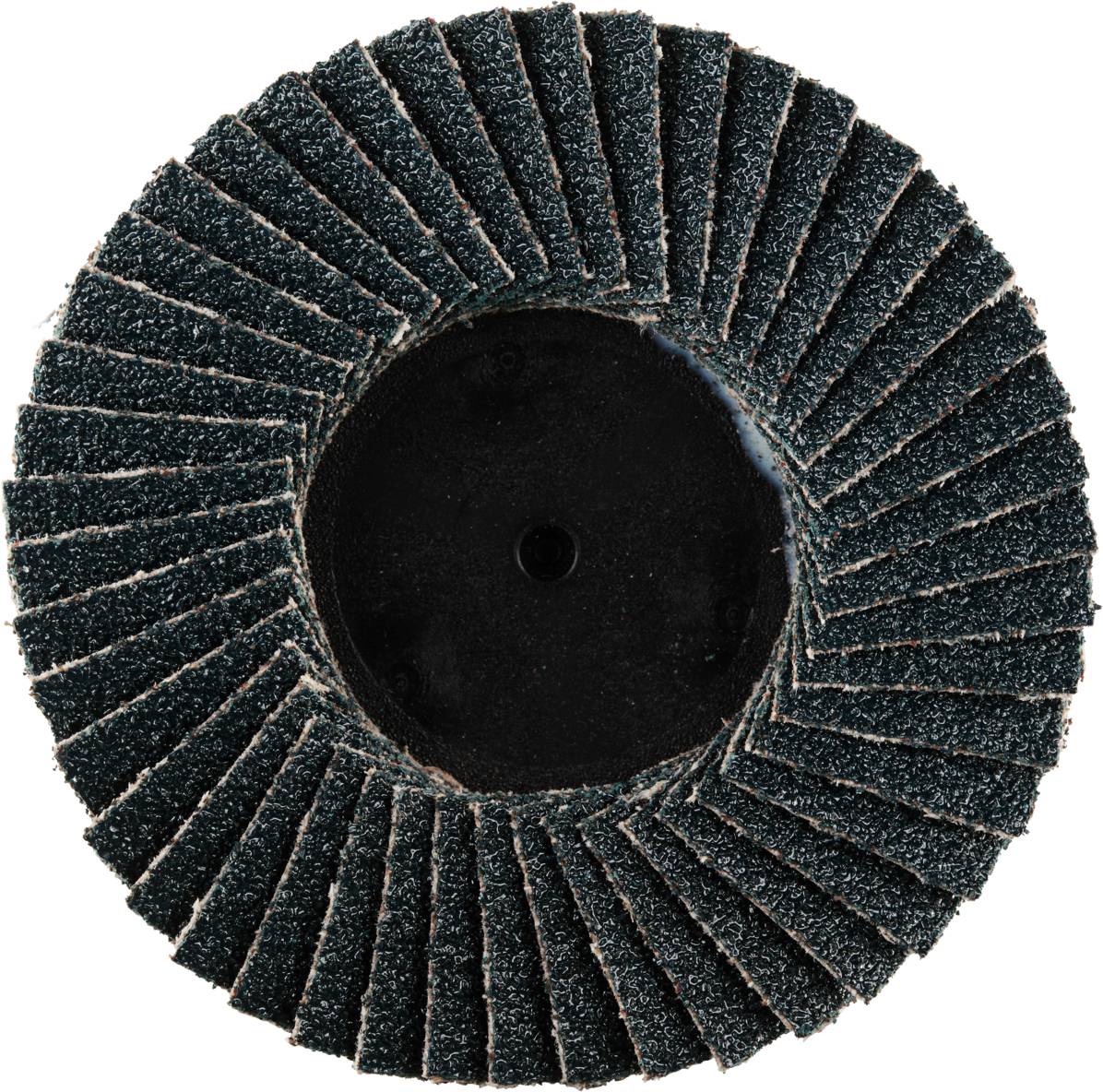 'Tarcza szlifierska z rozłożonymi lamelami ściernymi, ciemnozielona, ułożona kołowo wokół centralnego czarnego obszaru.'