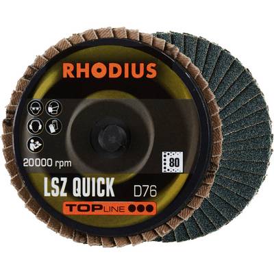 Tarcza ścierna 'RHODIUS LSZ QUICK D76', 20000 obr./min, ziarnistość 80. Odpowiednia do obróbki metalu, symboliczne wskazówki dotyczące funkcji.