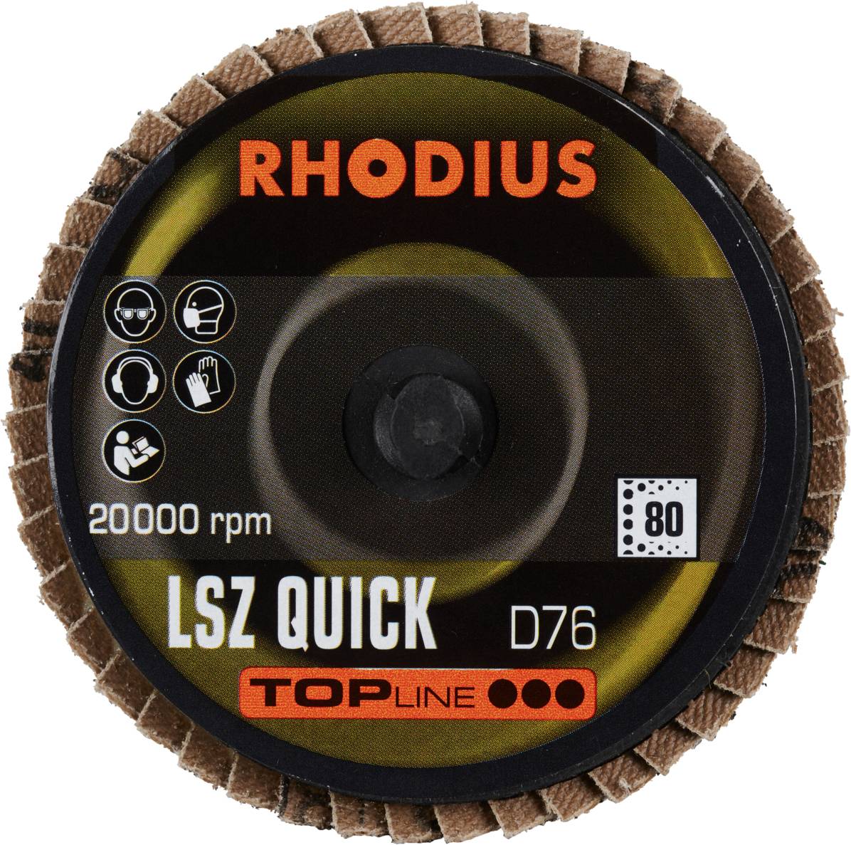 Tarcza ścierna marki Rhodius, model 'LSZ QUICK D76', prędkość 20.000 obr./min, ziarnistość 80, symbole bezpieczeństwa wskazują środki ochrony.