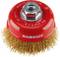 Czerwona szczotka druciana z napisem 'RHODIUS'. Górna część z gwintem metalowym. Ostrzeżenie bezpieczeństwa 'NOŚ OCHRONĘ OCZU' na wierzchu.