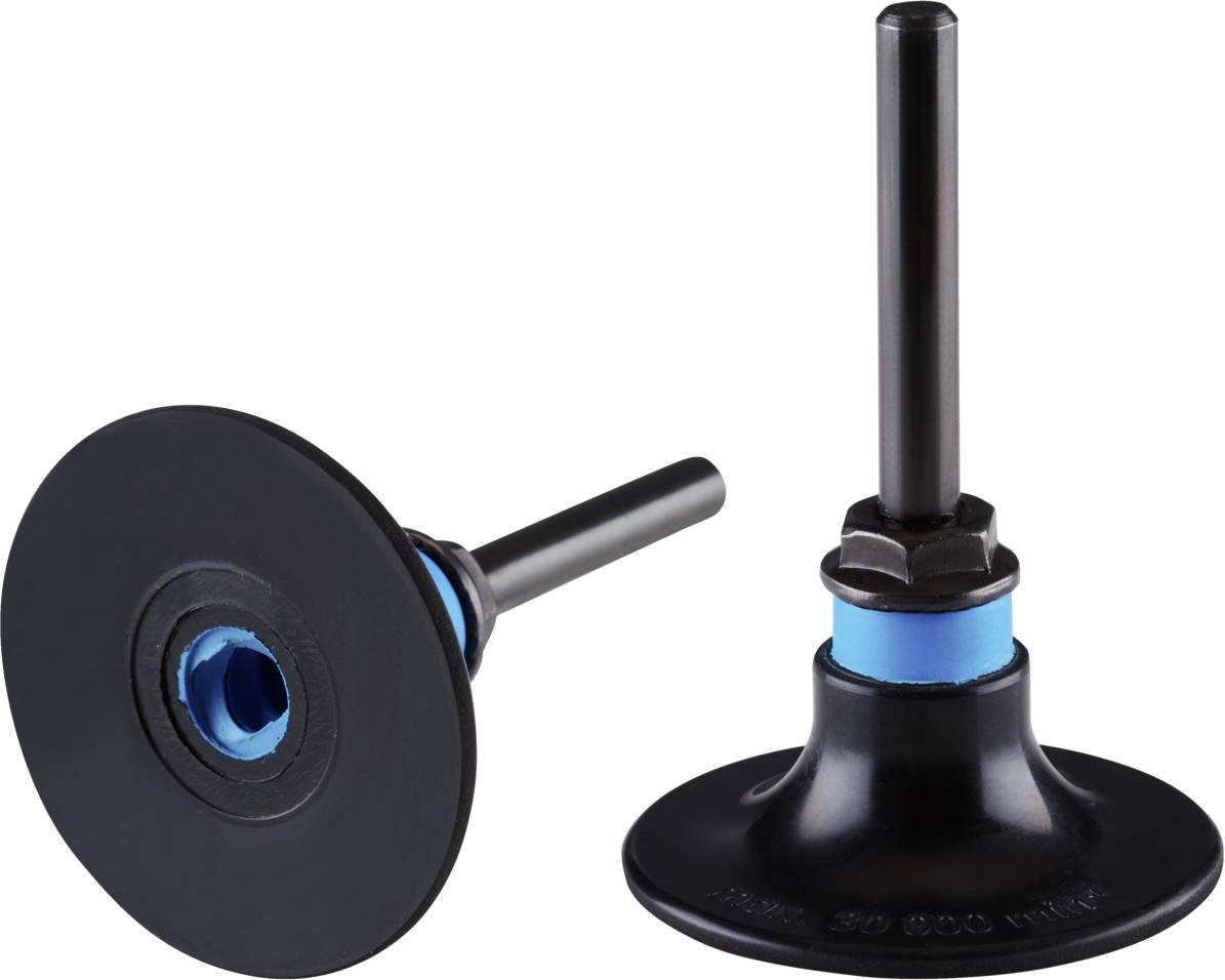 Dwie czarne tarcze szlifierskie z niebieskimi elementami i metalowym uchwytem, ustawione pionowo, odpowiednie do narzędzi maszynowych.