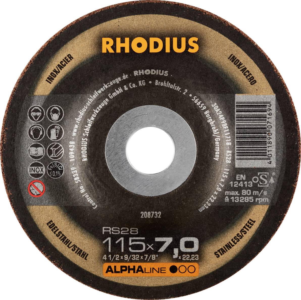 Tarcza ścierna marki Rhodius, model RS2B, 115x7 mm, do stali i stali nierdzewnej. Numer kontrolny: 208732, EN 12413, maksymalna prędkość obrotowa 13.285 obr./min.