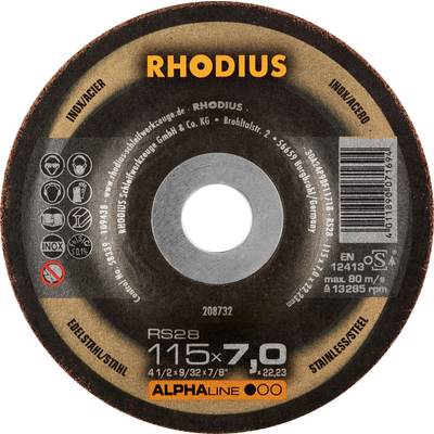 Tarcza ścierna marki Rhodius, model RS2B, 115x7 mm, do stali i stali nierdzewnej. Numer kontrolny: 208732, EN 12413, maksymalna prędkość obrotowa 13.285 obr./min.