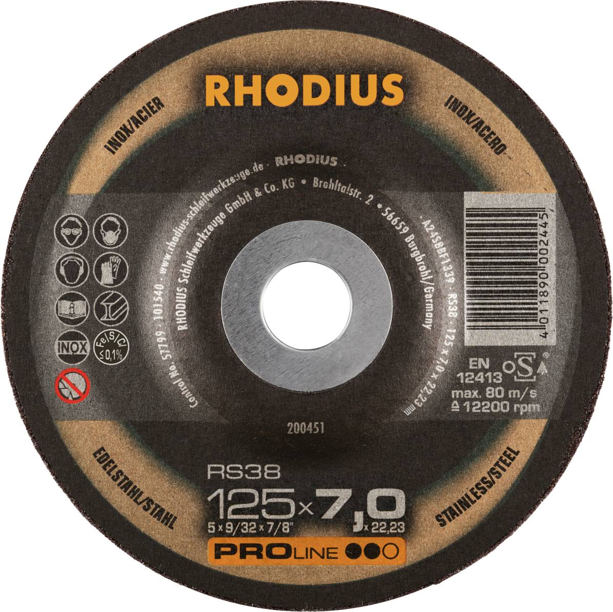Rhodius 200451 RS38 Шліфувальний диск з нержавіючої сталі, сталь 25 шт.