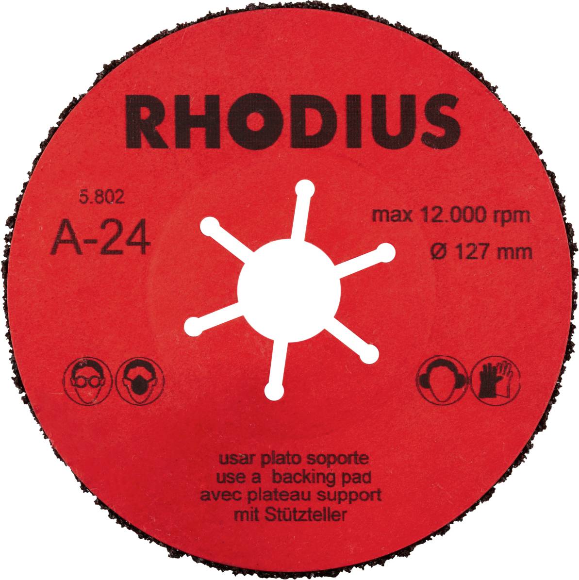 Czerwona tarcza szlifierska marki 'RHODIUS' z oznaczeniem 'A-24', maksymalnie 12.000 obr./min, średnica 127 mm, wskazówki bezpieczeństwa i użytkowania.