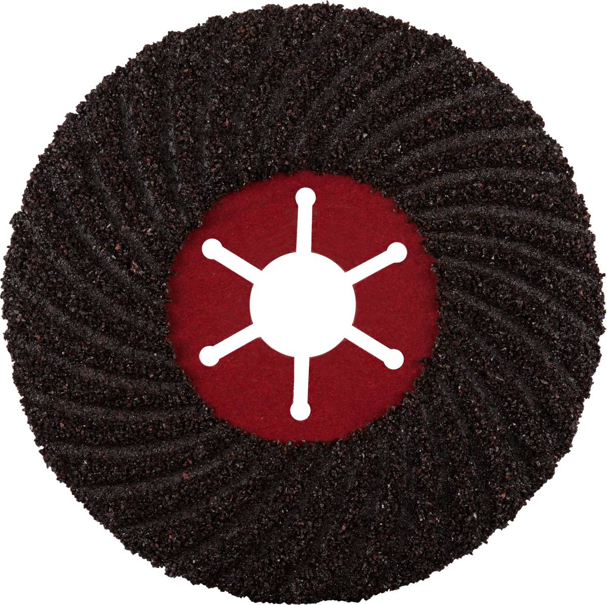 Czarny krąg z grip-taśmy o promieniowym wzorze przypominającym koło zębate, a w centrum czerwony sześciokąt z sześcioma białymi ramionami.