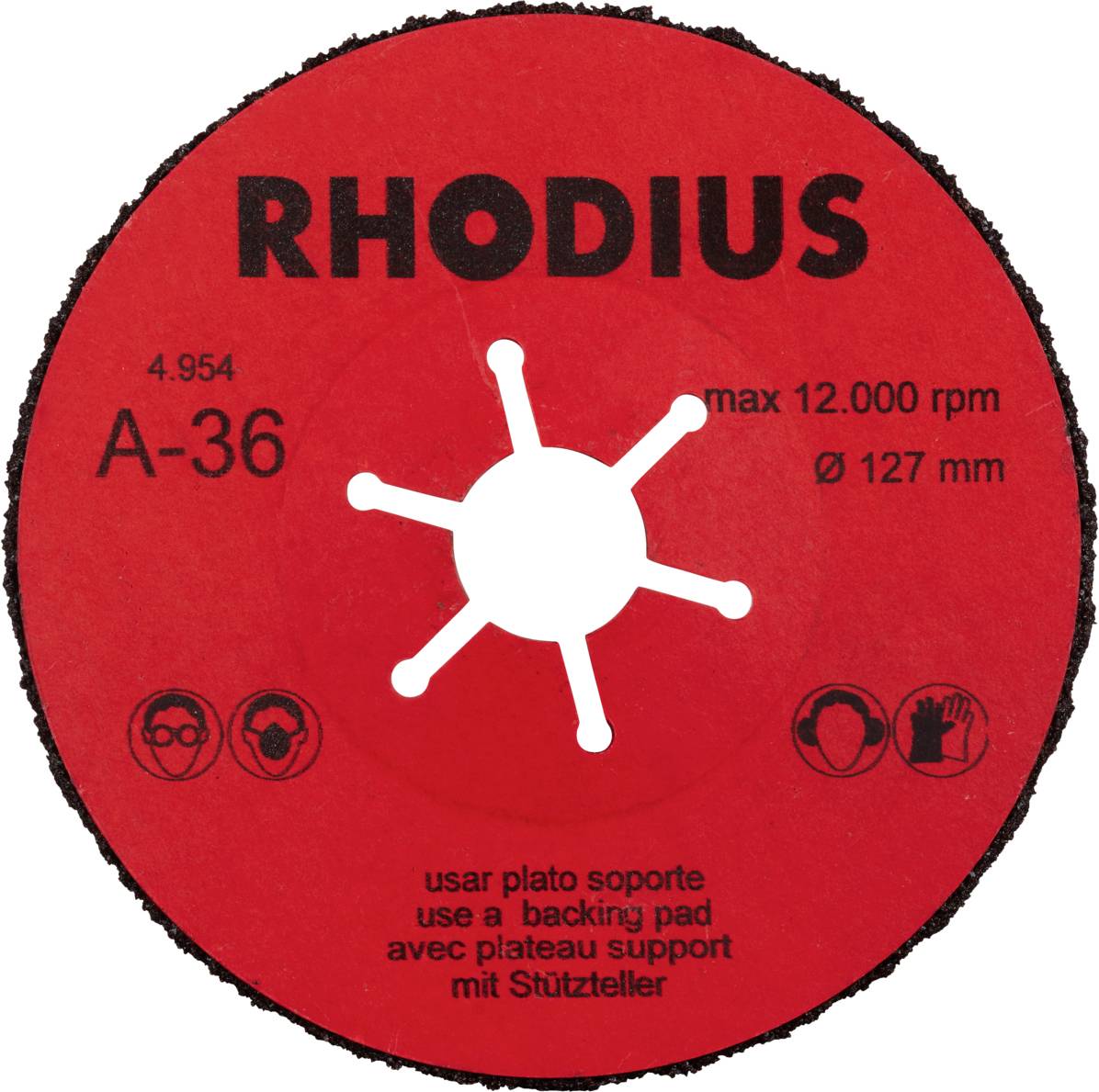 Tarcza szlifierska 'RHODIUS A-36', maks. 12.000 obr./min, Ø 127 mm, z elementem podporowym. Symbole bezpieczeństwa przedstawione poniżej.