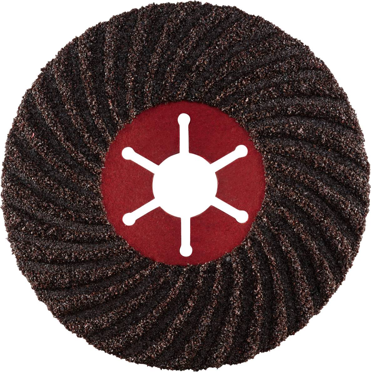 Okrągła tarcza szlifierska o strukturowanej powierzchni z czerwonym środkiem i białym symbolem w centrum.