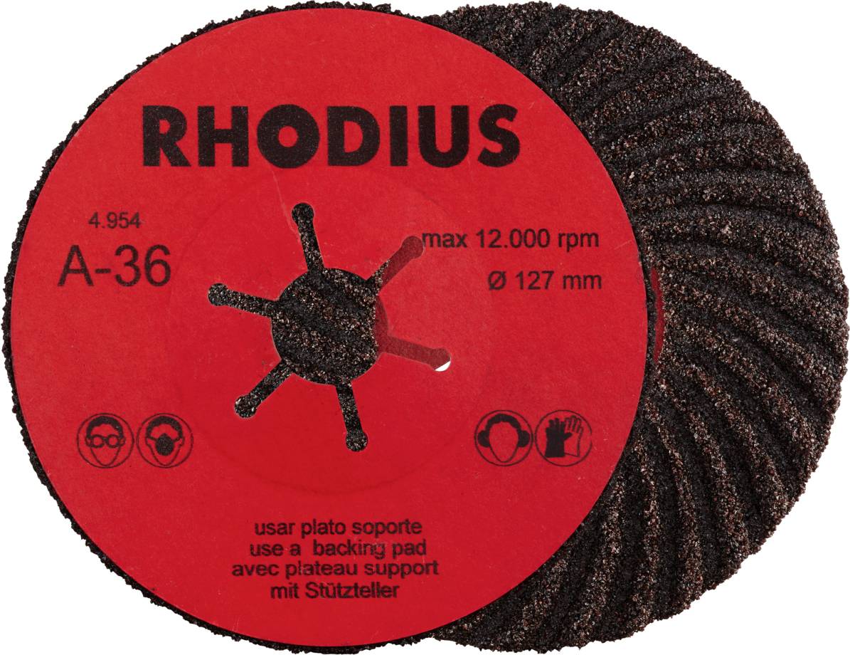 Tarcza szlifierska z czerwoną etykietą papierową, napis: 'Rhodius A-36, maks. 12.000 obr./min, Ø 127 mm', symbole bezpieczeństwa użytkowania.